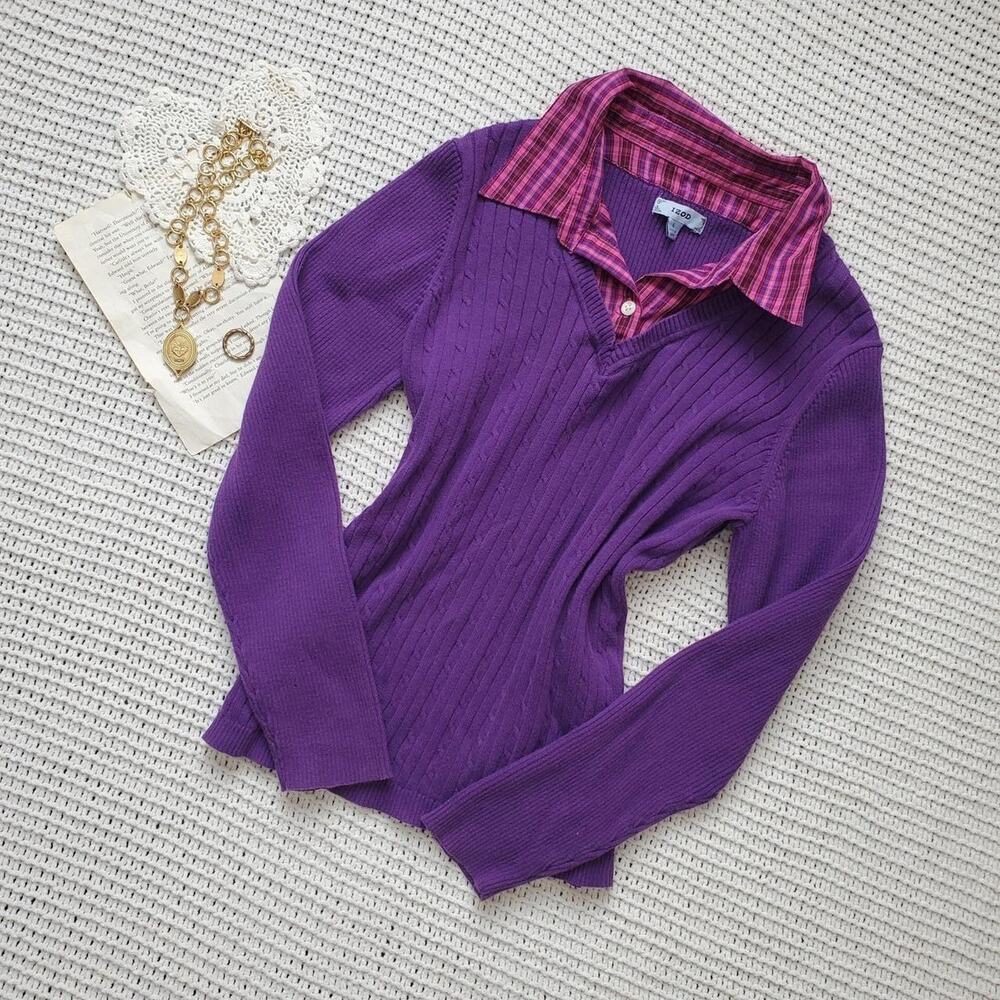 Izod purple cableknit long sleeve with pink plaid collar